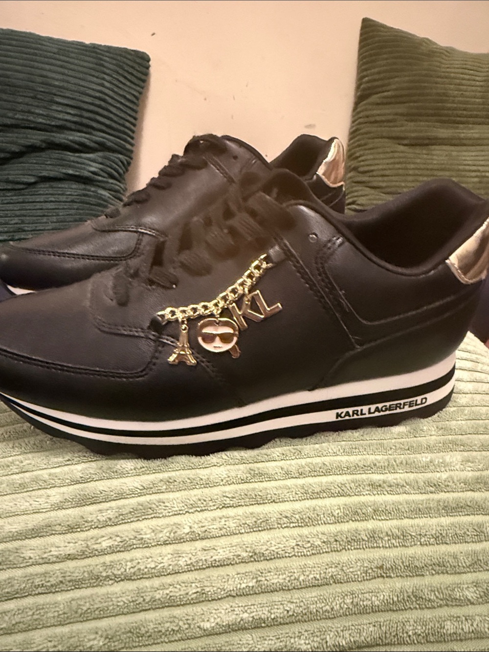 Karl Lagerfeld Black & White Platform Sneakers with Gold Charm
